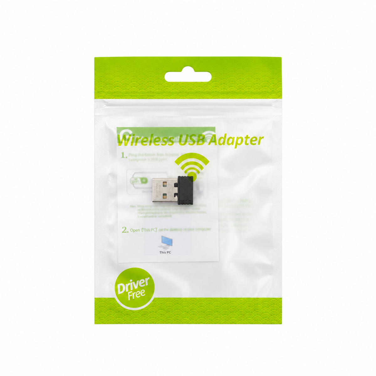 Adaptador Wi-Fi USB-A compacto negro en su empaque
