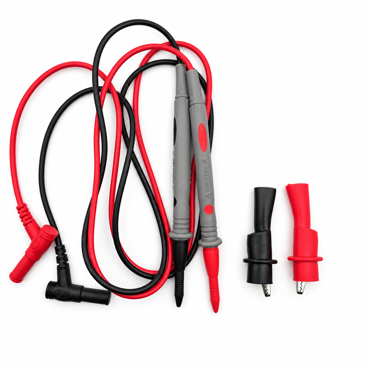 Cables de repuesto rojo y negro para multímetro con dos pinzas cocodrilo sobre fondo blanco