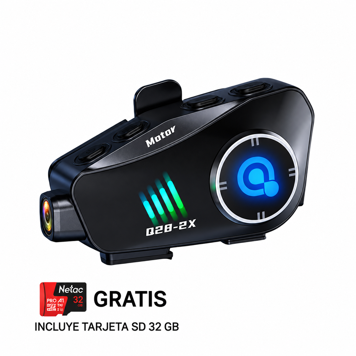 Intercomunicador Bluetooth con Cámara Q28-2X — Negro-Kit-HN-SD-32GB — fotografía 2 con fondo blanco