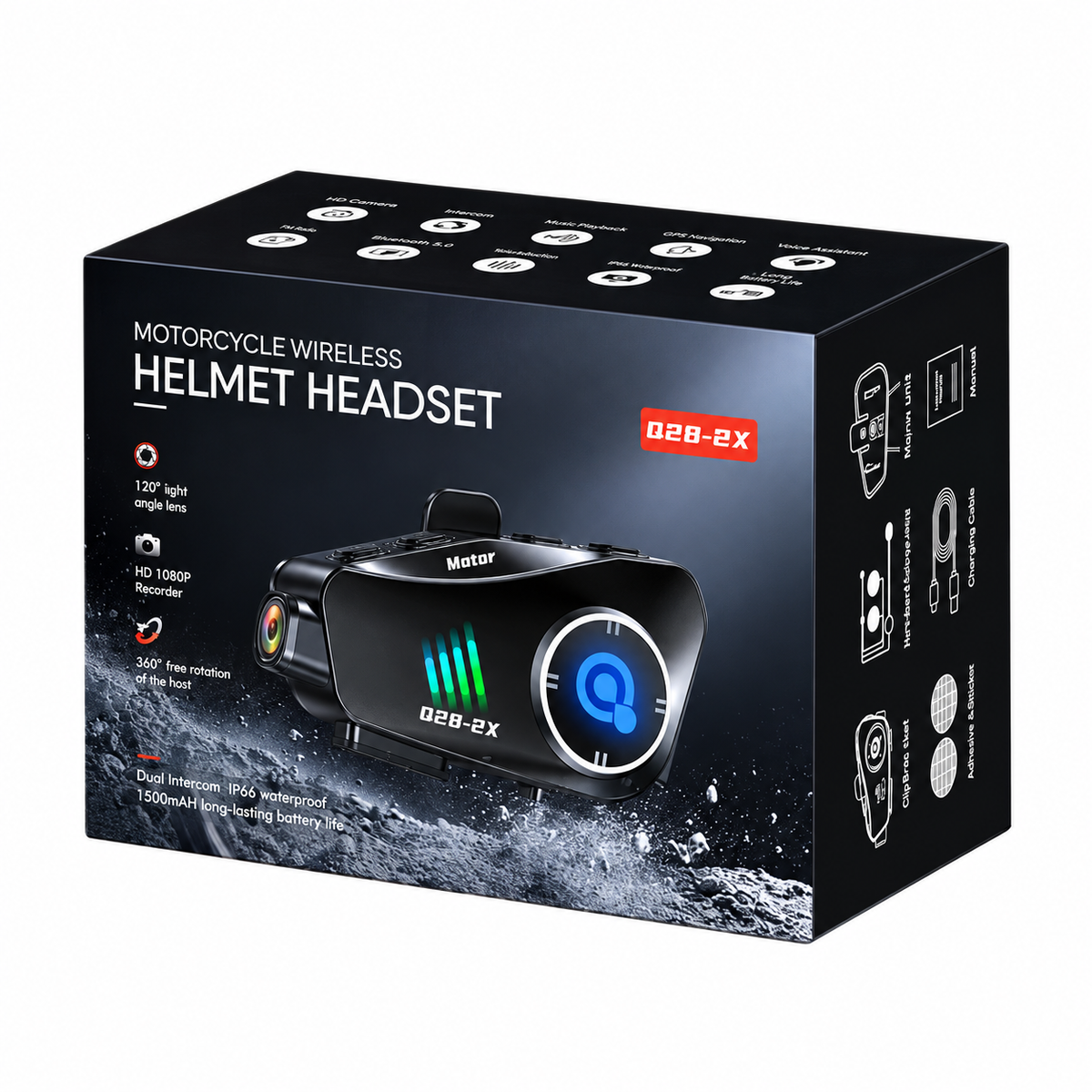 Intercomunicador Bluetooth con Cámara Q28-2X — Negro-Kit-HN-SD-32GB — fotografía 3 con fondo blanco