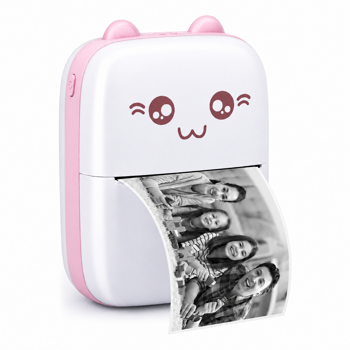 Mini impresora térmica portátil Bluetooth diseño gato rosa, frontal blanco, imprimiendo una fotografía monocromática