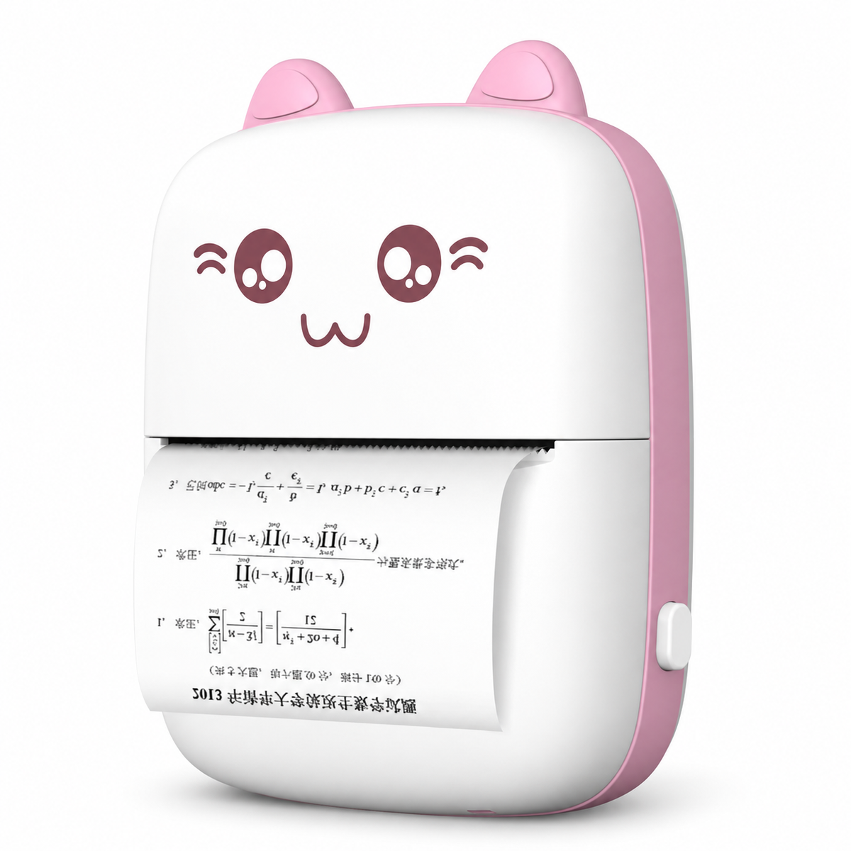 Mini impresora térmica portátil rosa con diseño de gato y papel impreso, vista de la referencia sobre fondo blanco