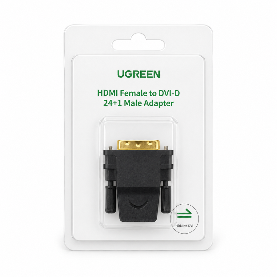 Adaptador UGREEN 20124 HDMI hembra a DVI-D 24+1 macho, negro, empaque sobre fondo blanco