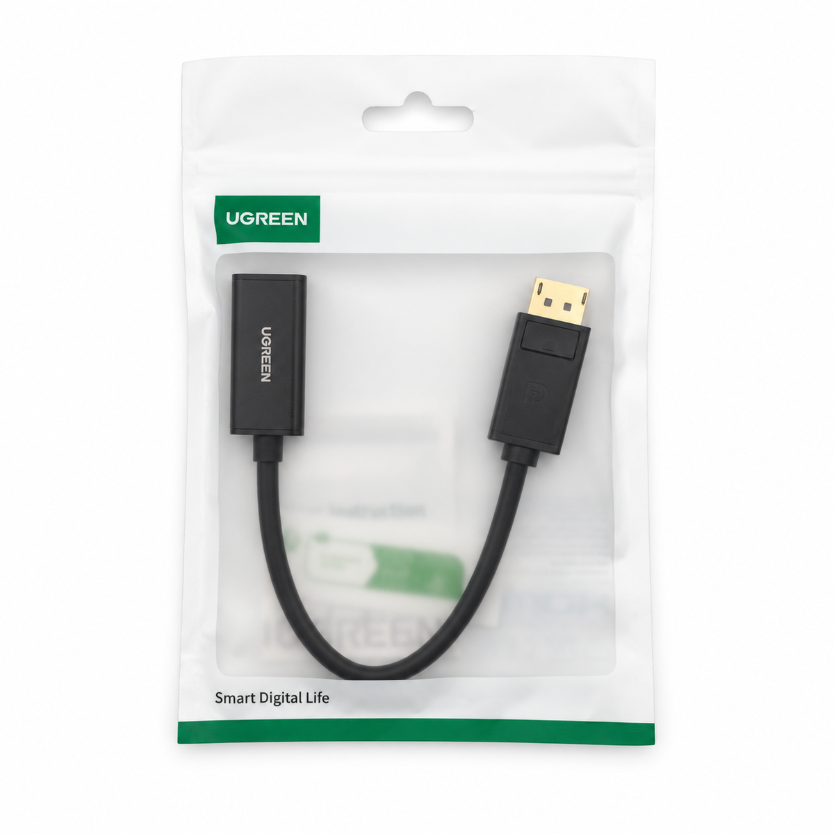 UGREEN 40362 adaptador DisplayPort macho a HDMI hembra negro en empaque limpio sobre fondo blanco