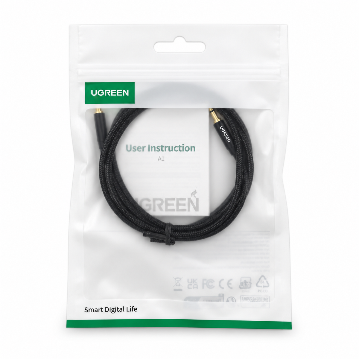 Cable auxiliar UGREEN 50361 trenzado negro, 3.5 mm macho a macho, 1 metro