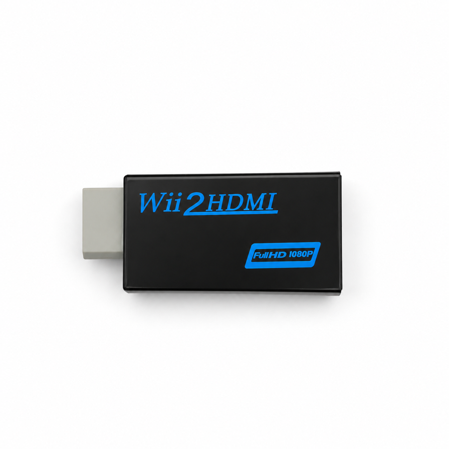 Adaptador Wii2HDMI negro para Nintendo Wii sobre fondo blanco